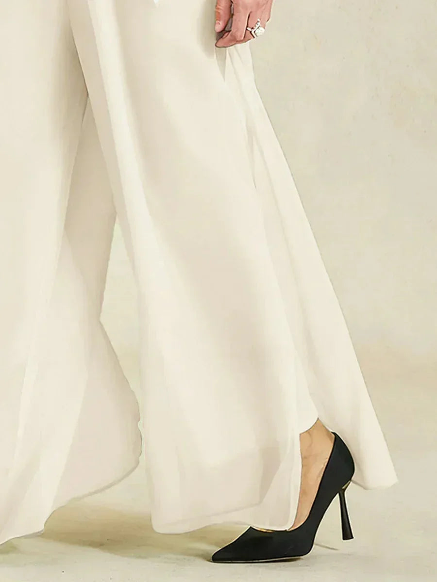 Rechte broek met chiffon split been overlay