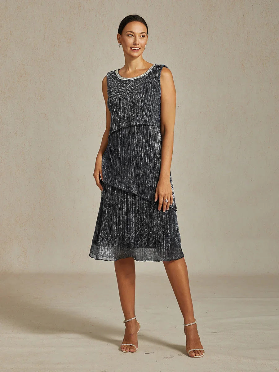 Metallisch Geplooide Chiffon Midi-jurk Met Ronde Hals Afgewerkt Met Kralen