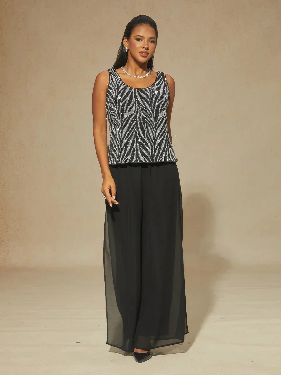 Mandarin Collar Twinset with Rhinestone-Embellished Zebra Print
