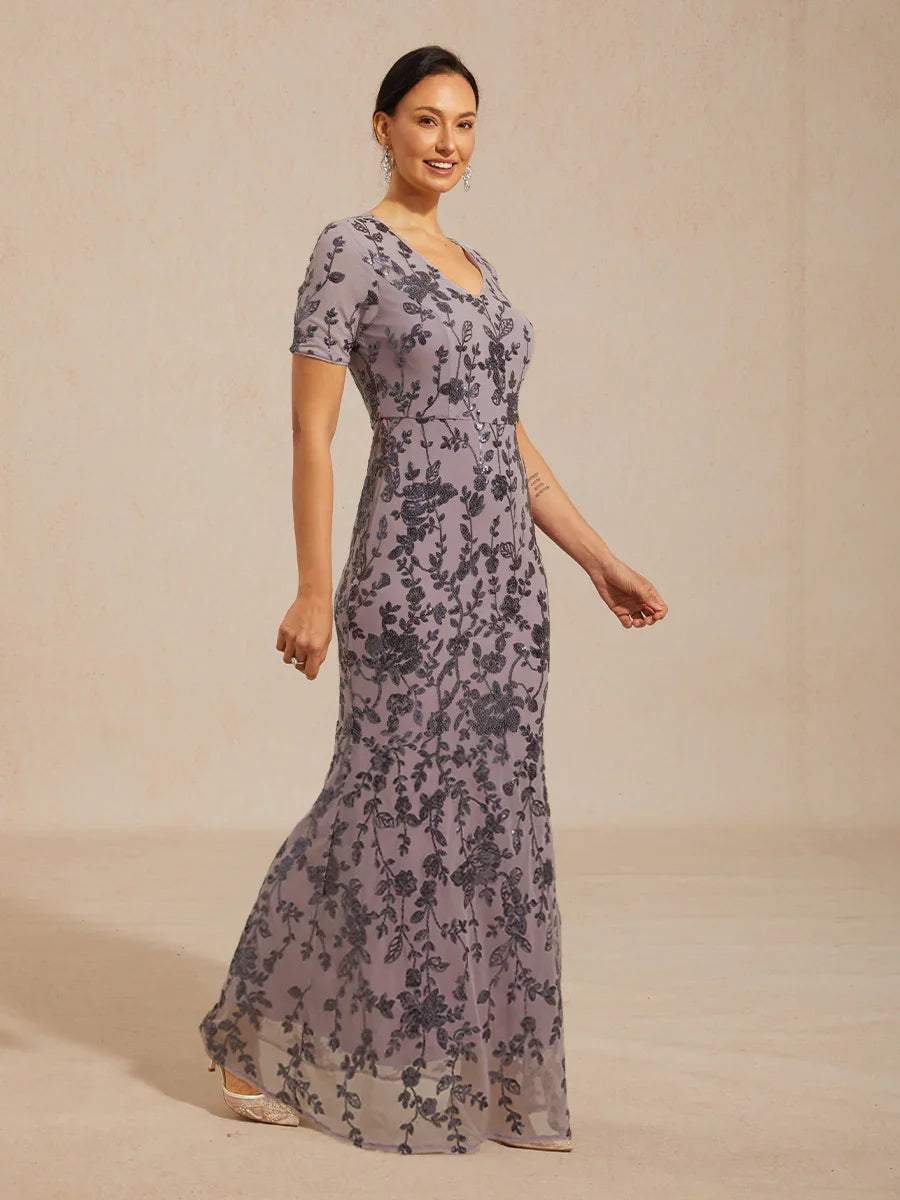 Dames Maxi-jurk Schedejurk Trompet Zeemeerminjurk Elegant Avondjurk Pailletten Kant Geborduurd Normale Pasvorm Bloemmotief Korte Mouwen Ronde Hals IJsorchidee