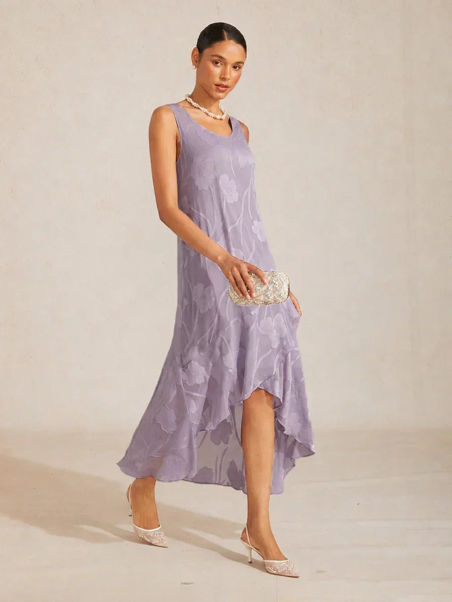 Mouwloze Chiffon Avondjurk met Bloemen en Asymmetrische Zoom