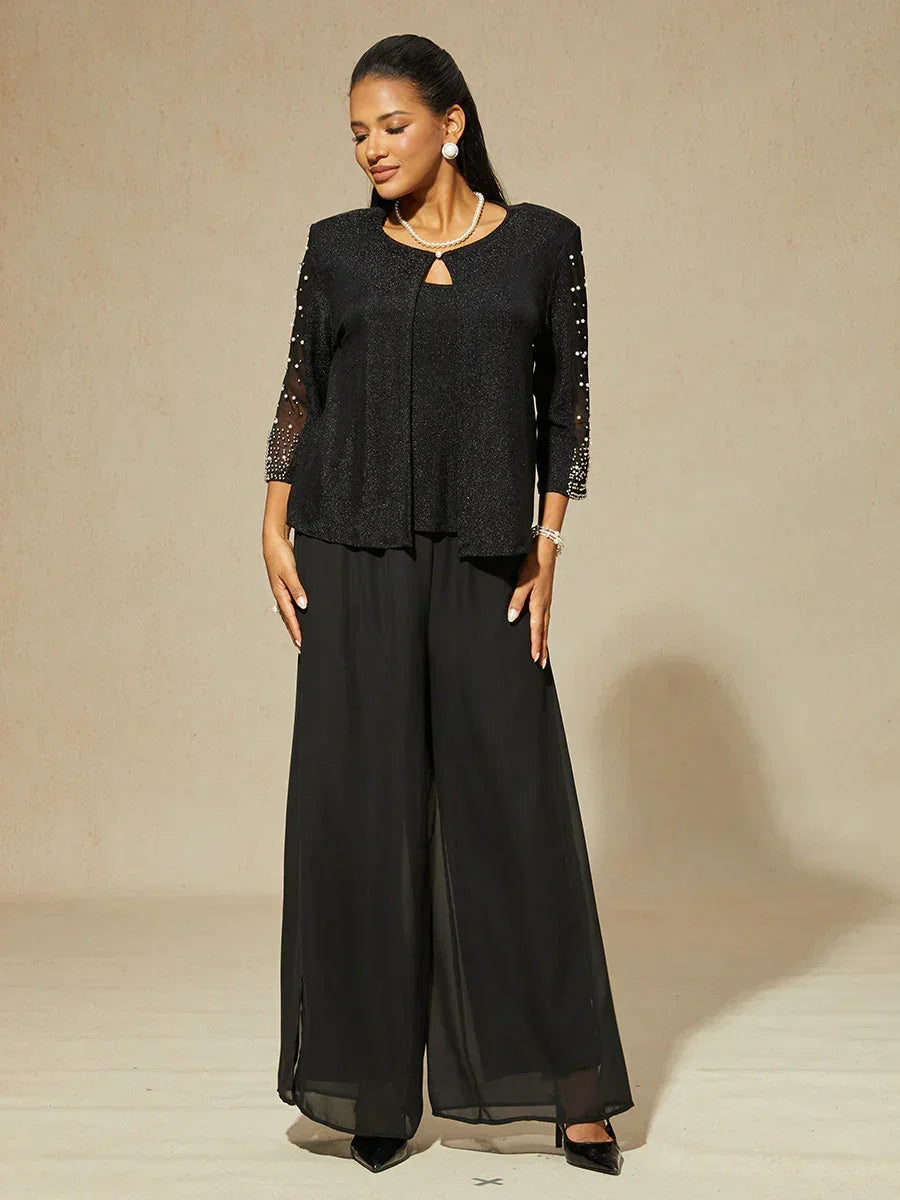 Blouse van Metallic Gebreide Stof met Kraaltjes en 3/4-mouwen