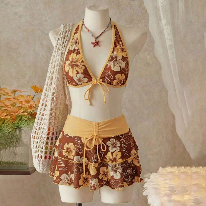 Tropical Print Halter Bikini with Swim Skirt β 3-Piece Set
