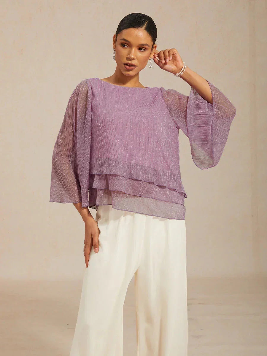 Metallic Geplooide Chiffon Asymmetrische Gelaagde Blouse