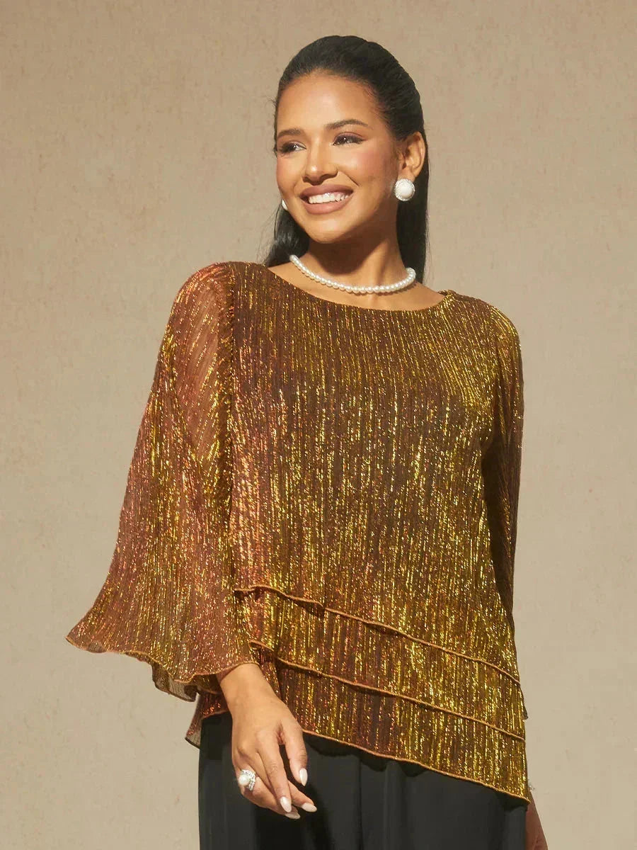 Metallische Geplooide Chiffon Asymmetrische Gelaagde Blouse
