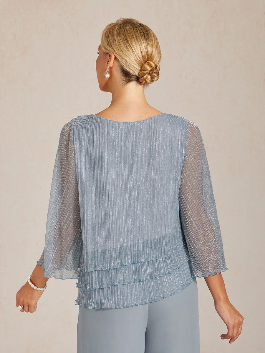 Metallic Geplooide Chiffon Asymmetrische Gelaagde Blouse