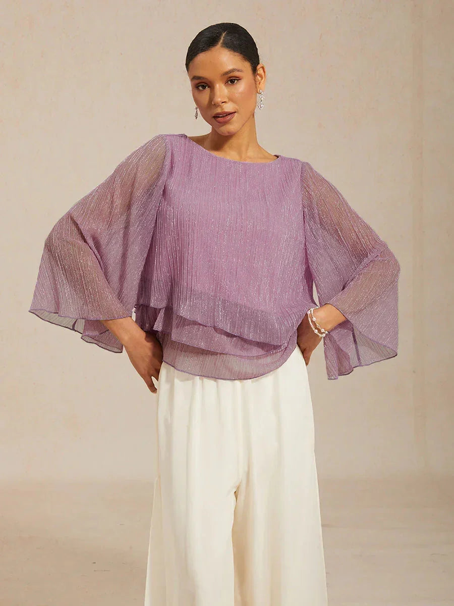 Metallic Geplooide Chiffon Asymmetrische Gelaagde Blouse