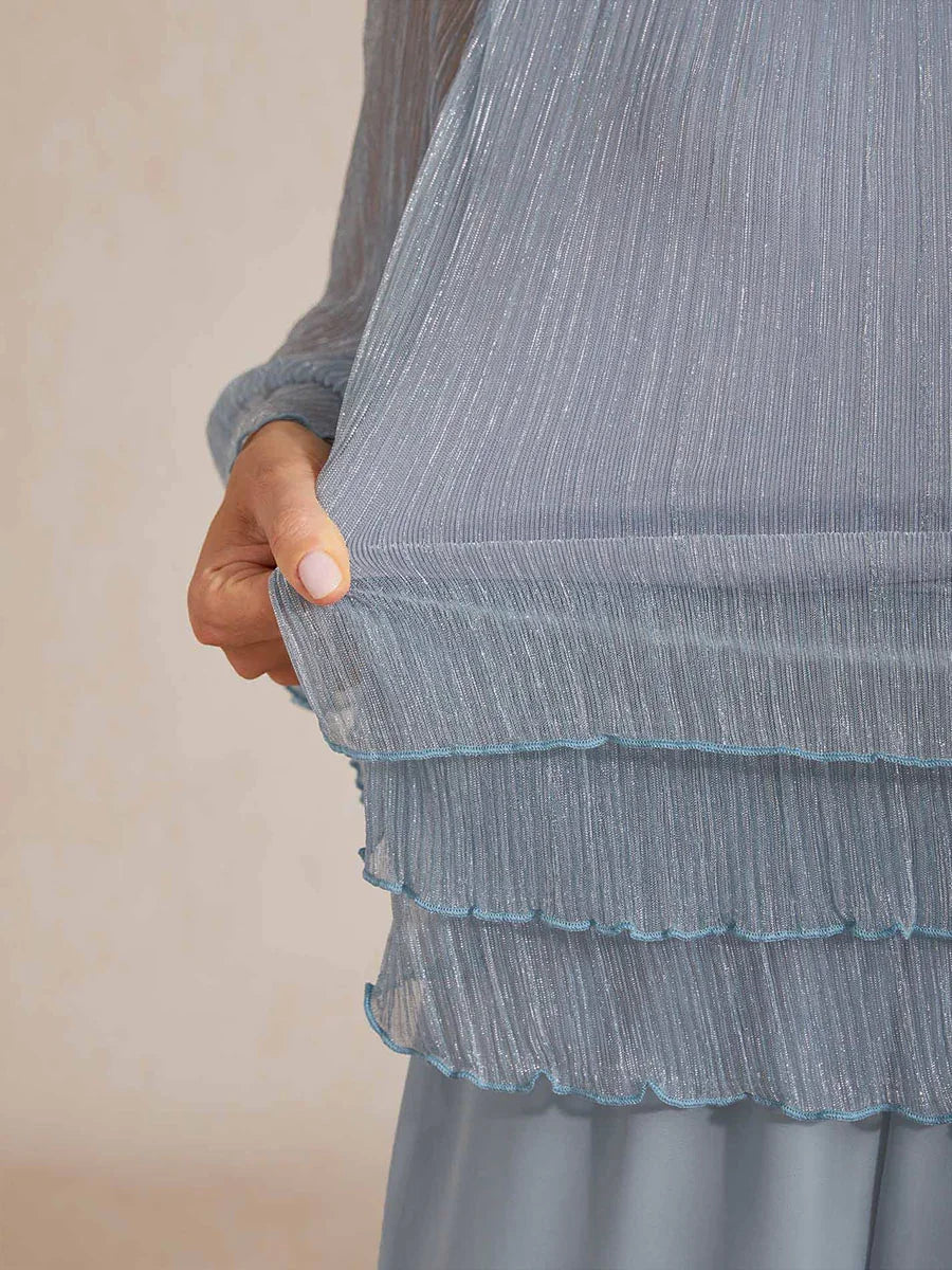 Metallische Geplooide Chiffon Asymmetrische Gelaagde Blouse