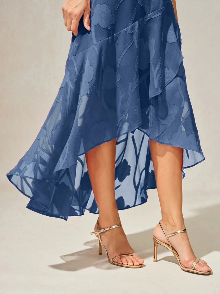 Mouwloze Chiffon Avondjurk met Bloemen en Asymmetrische Zoom