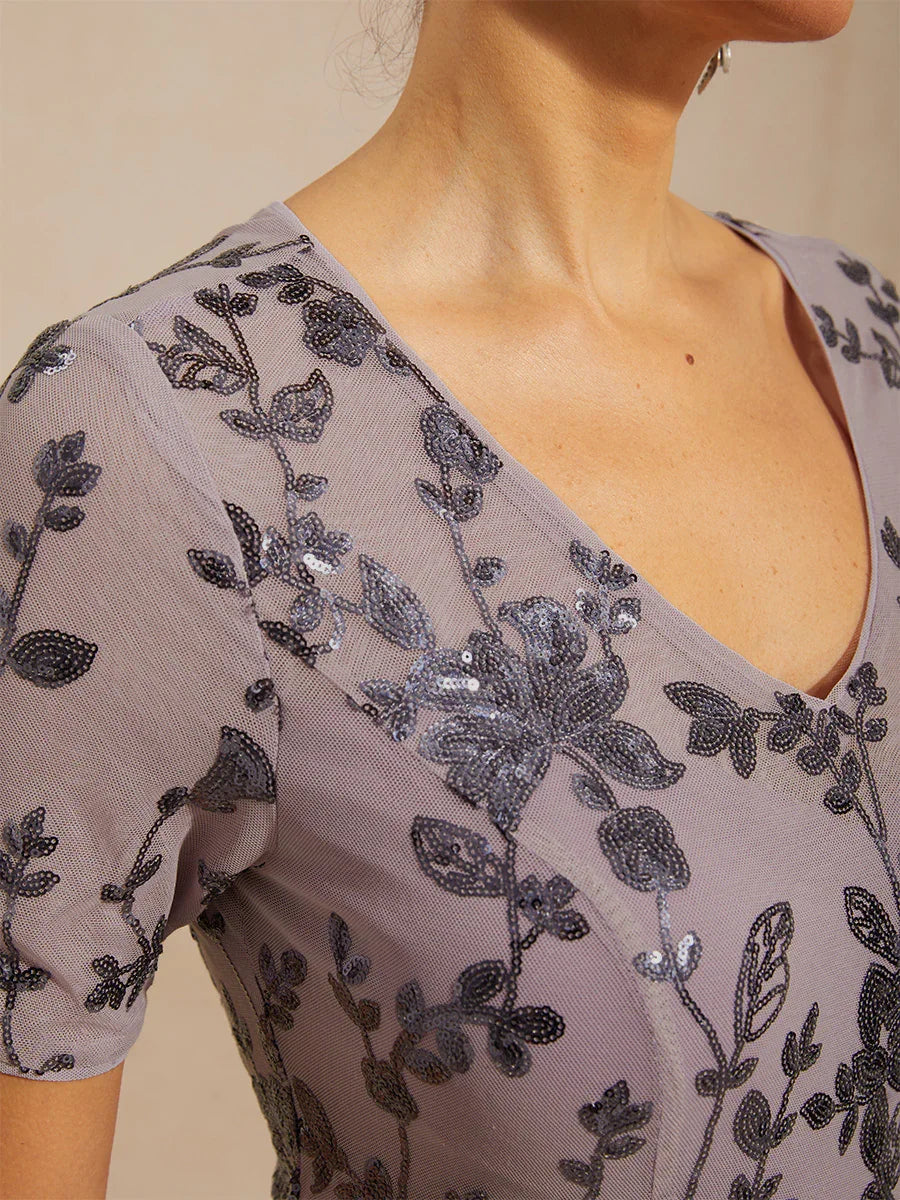 Dames Maxi-jurk Schedejurk Trompet Zeemeerminjurk Elegant Avondjurk Pailletten Kant Geborduurd Normale Pasvorm Bloemmotief Korte Mouwen Ronde Hals IJsorchidee