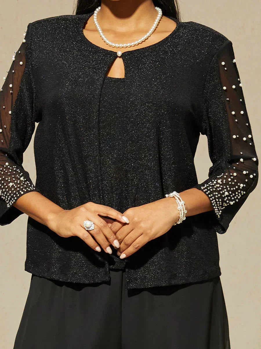 Blouse van Metallic Gebreide Stof met Kraaltjes en 3/4-mouwen