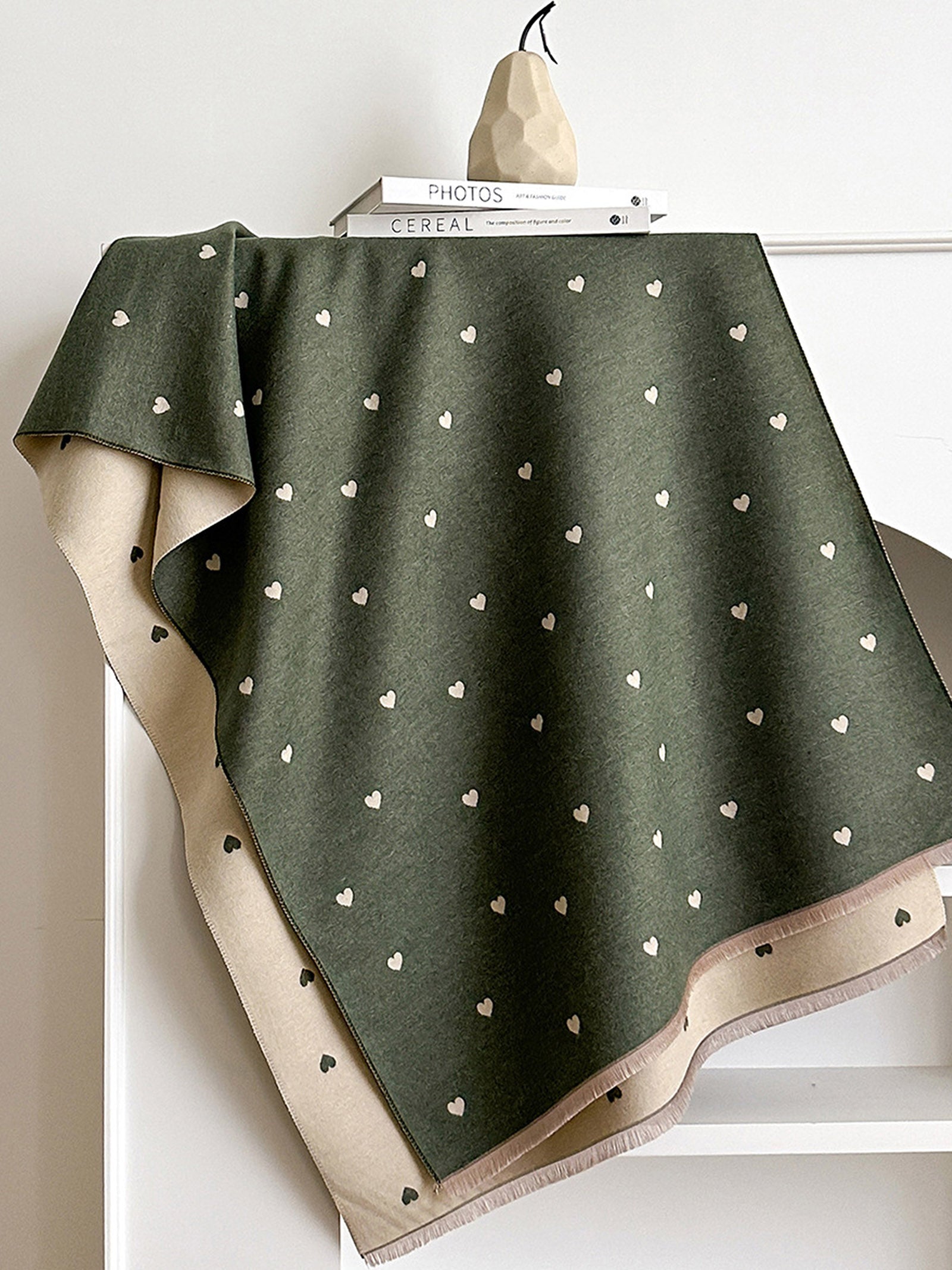 Double-Sided Heart-Jacquard Fringed Scarf