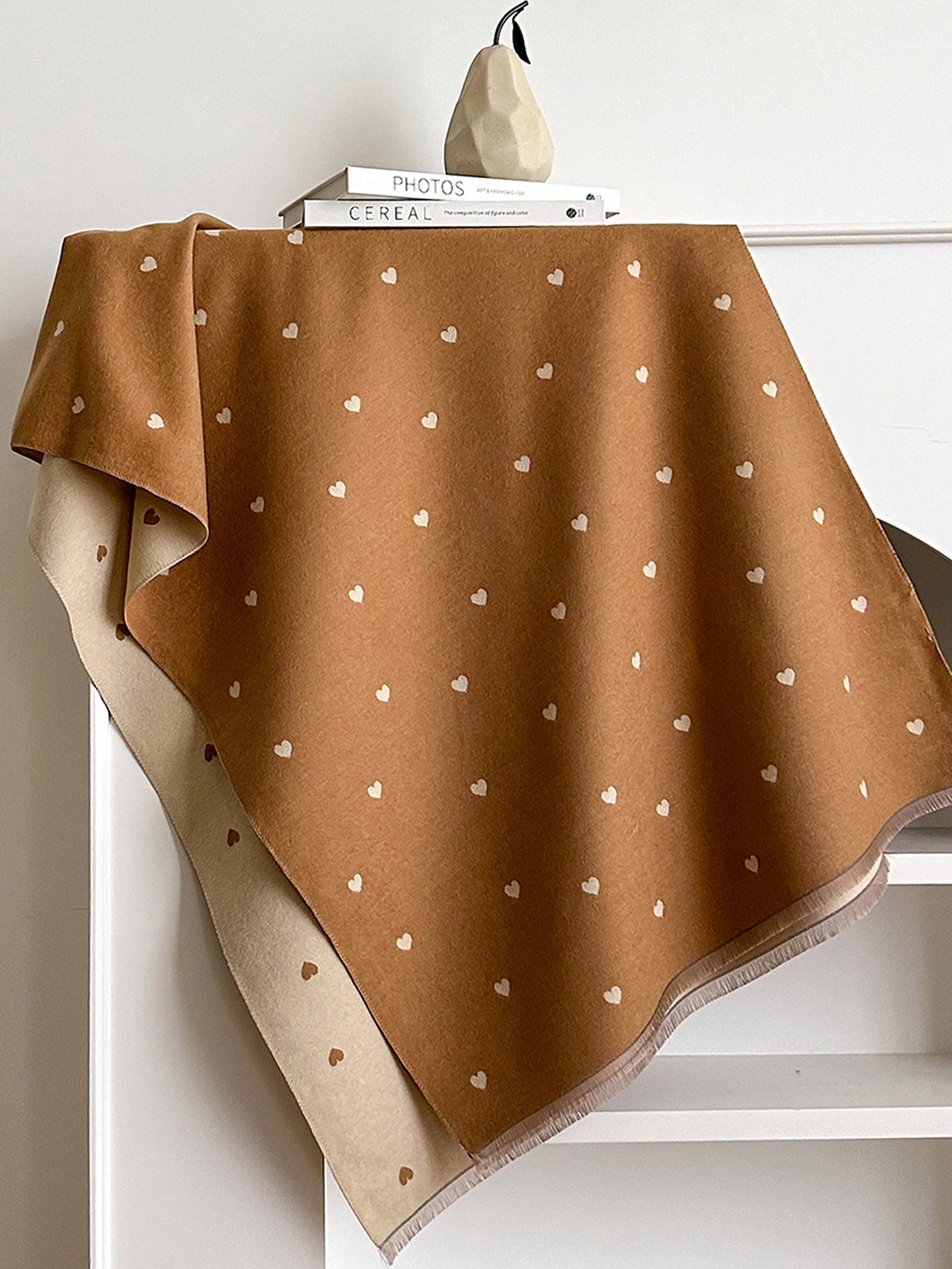 Double-Sided Heart-Jacquard Fringed Scarf