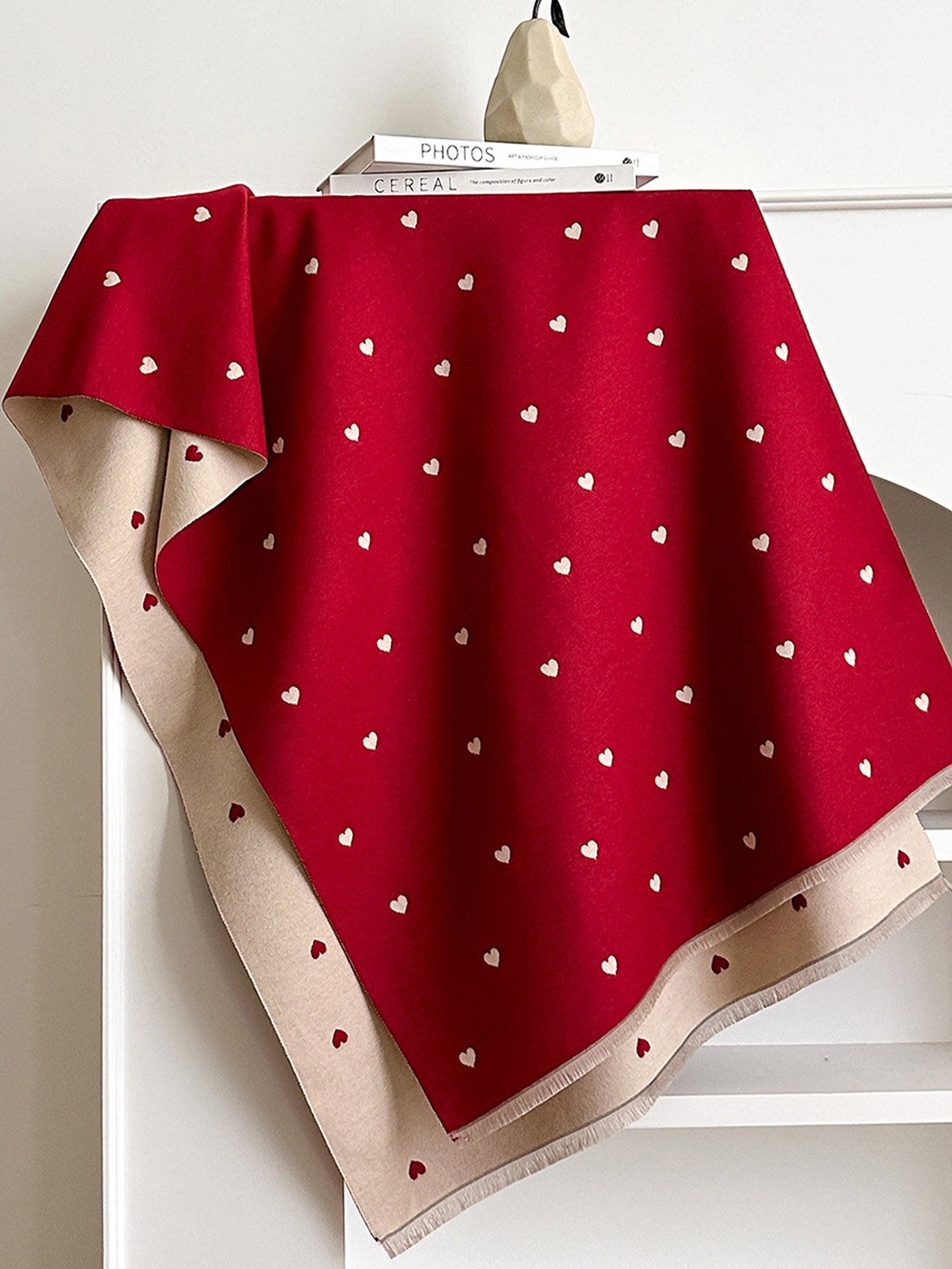 Double-Sided Heart-Jacquard Fringed Scarf