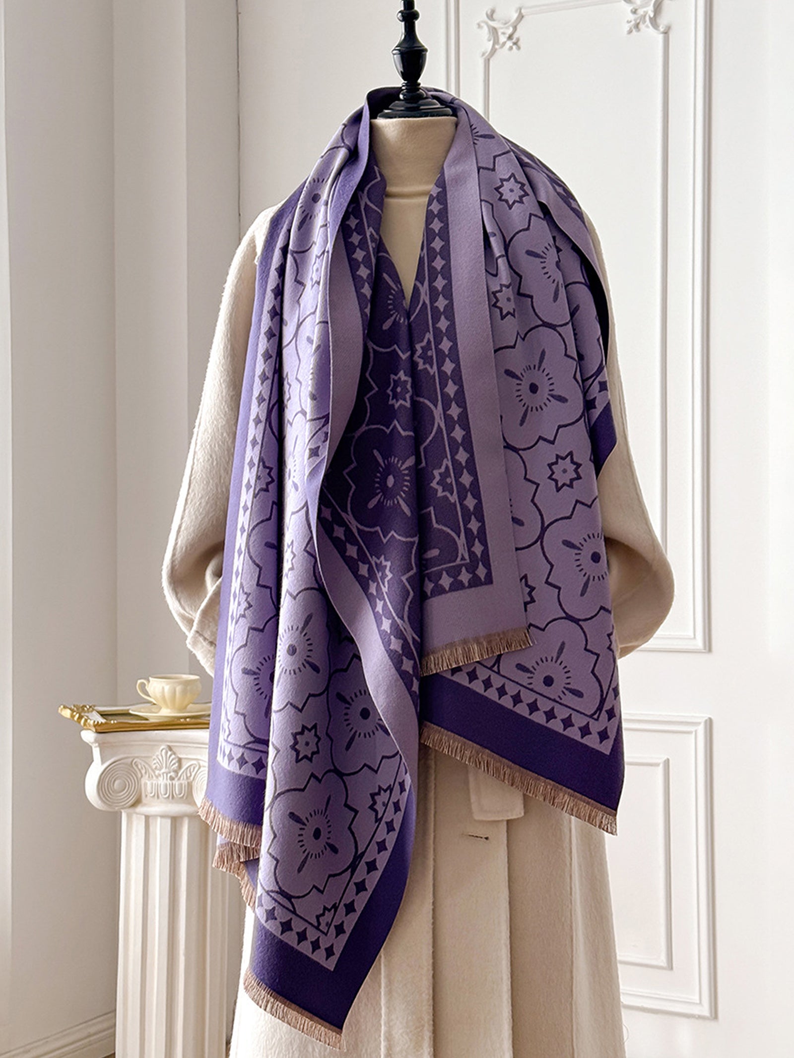 Double-Sided Floral-Jacquard Fringed Scarf