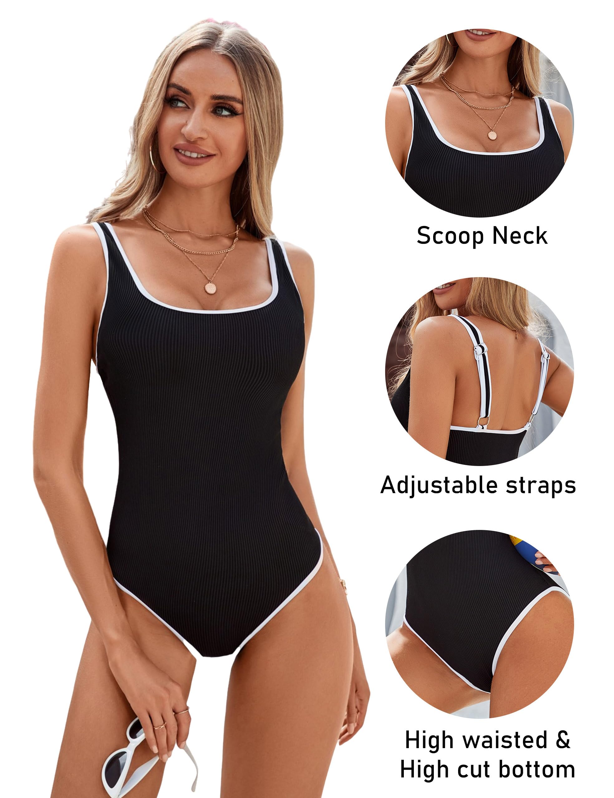Maclair & Co. - Women's One Piece Swimsuit Sports Adjustable Strap Bathing Suit Color Block Ribbed High Cut Swimsuits