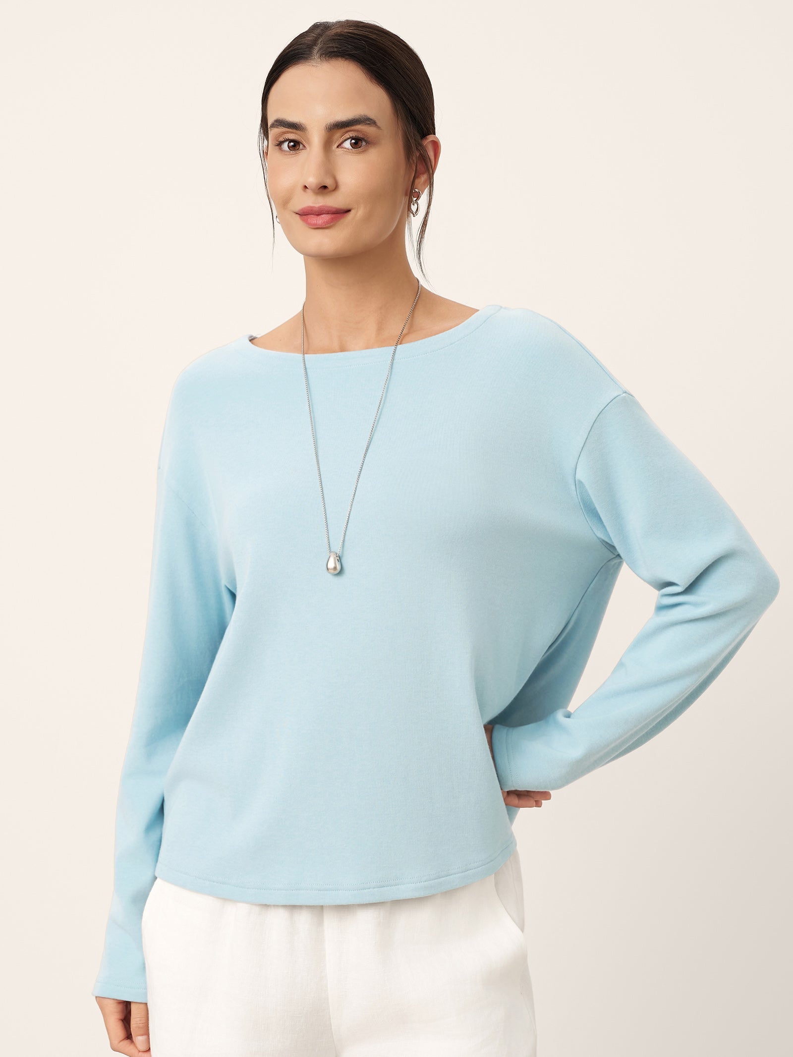 Boat Neck Button Back Long Sleeve Top AIRA