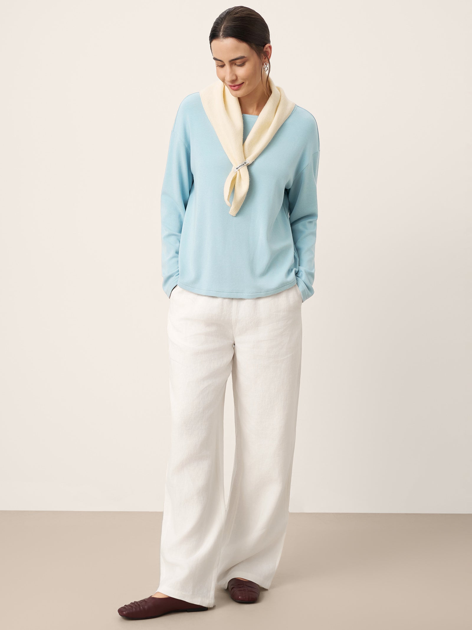 Boat Neck Button Back Long Sleeve Top AIRA