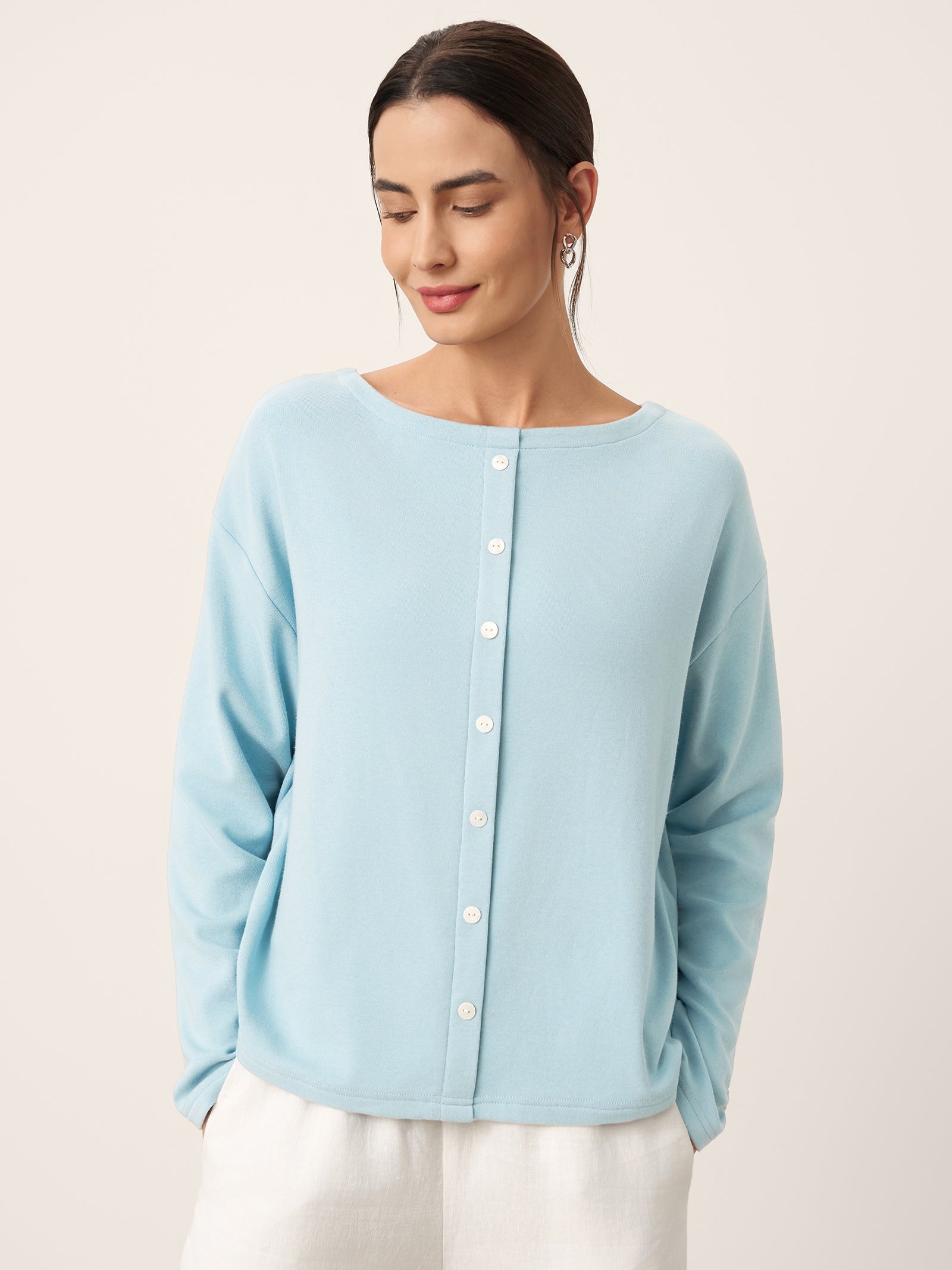Boat Neck Button Back Long Sleeve Top AIRA