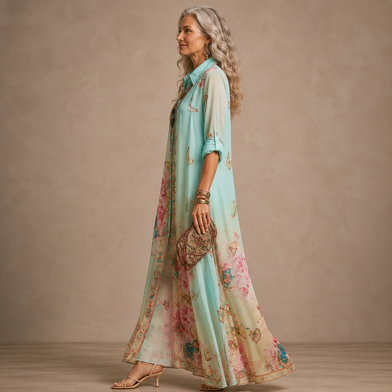 Baroque Floral Chiffon Maxi Dress