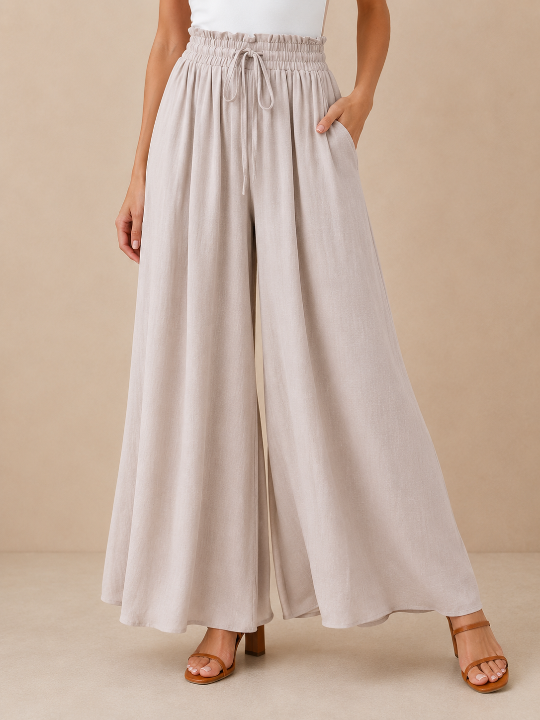 Pantalon ample décontracté uni à jambe évasée avec cordon de serrage