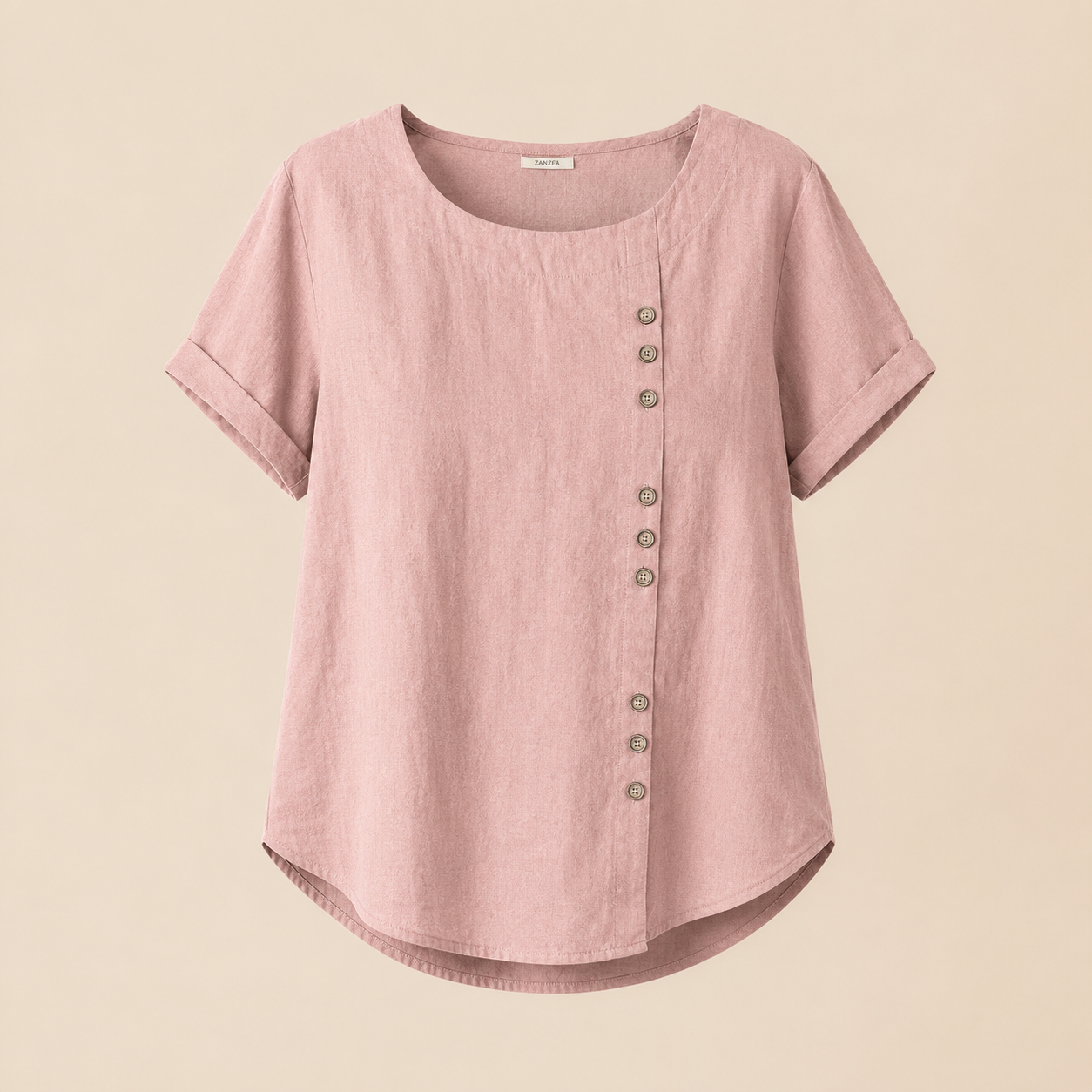 Women's Round Neck Solid Color Buttons Short Sleeves Blouse