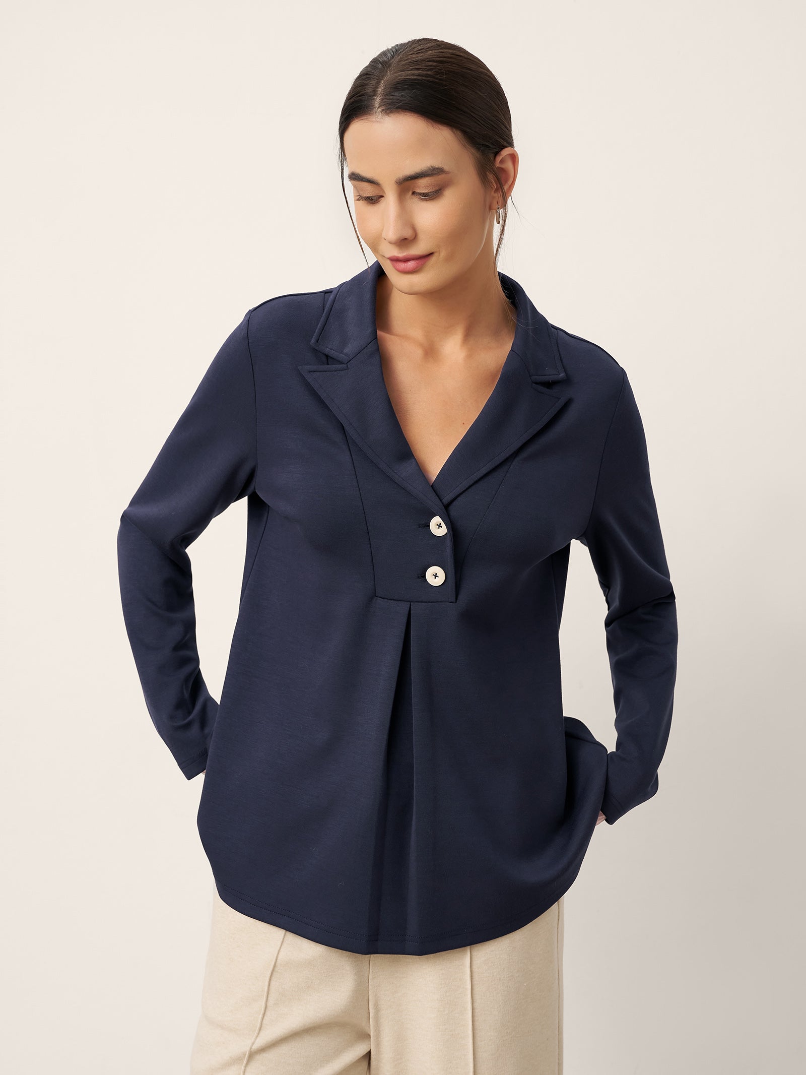Notched Pleat Long Sleeve Top JUNE