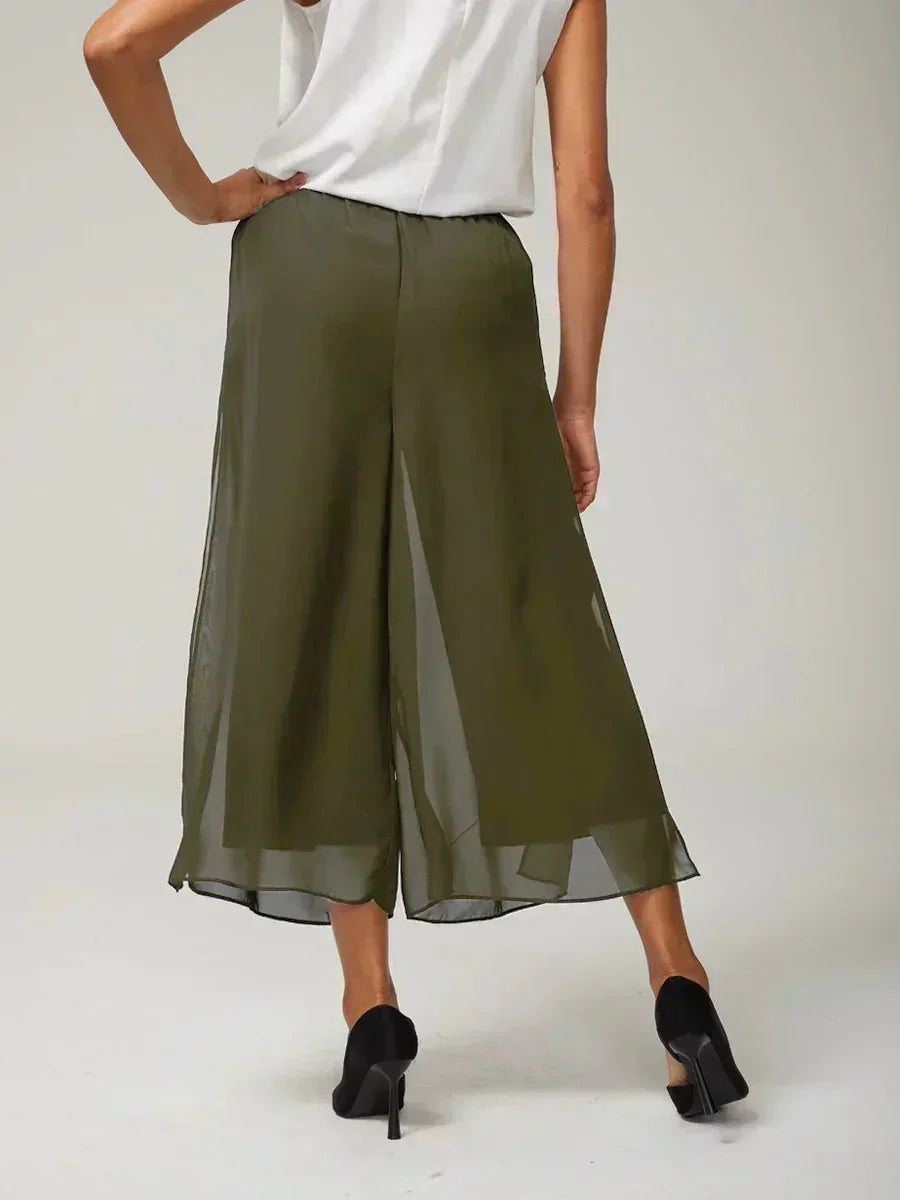 Gecropte Rechte Broek Met Chiffon Split-Overlaag