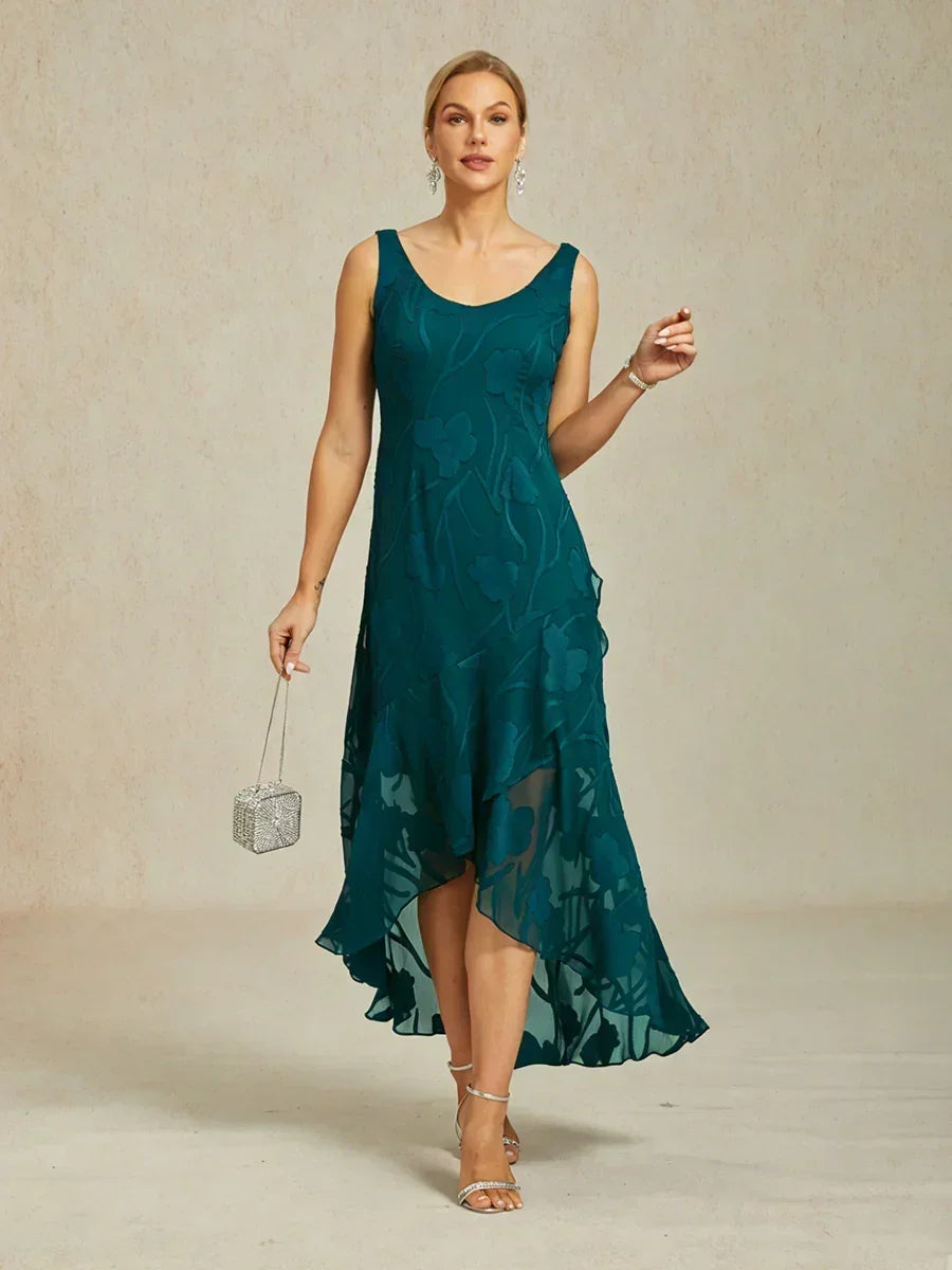 Mouwloze Chiffon Avondjurk met Bloemen en Asymmetrische Zoom