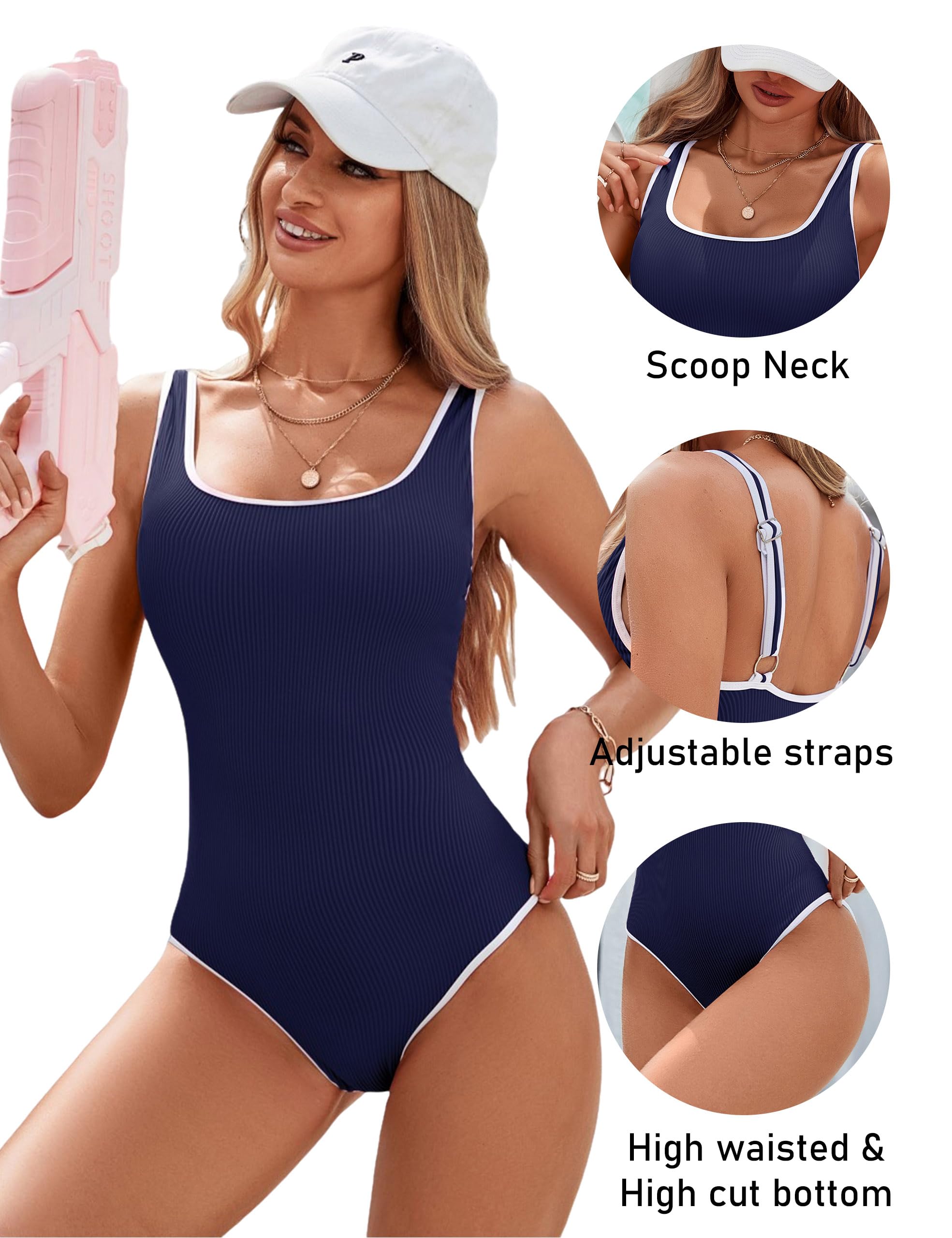 Maclair & Co. - Women's One Piece Swimsuit Sports Adjustable Strap Bathing Suit Color Block Ribbed High Cut Swimsuits