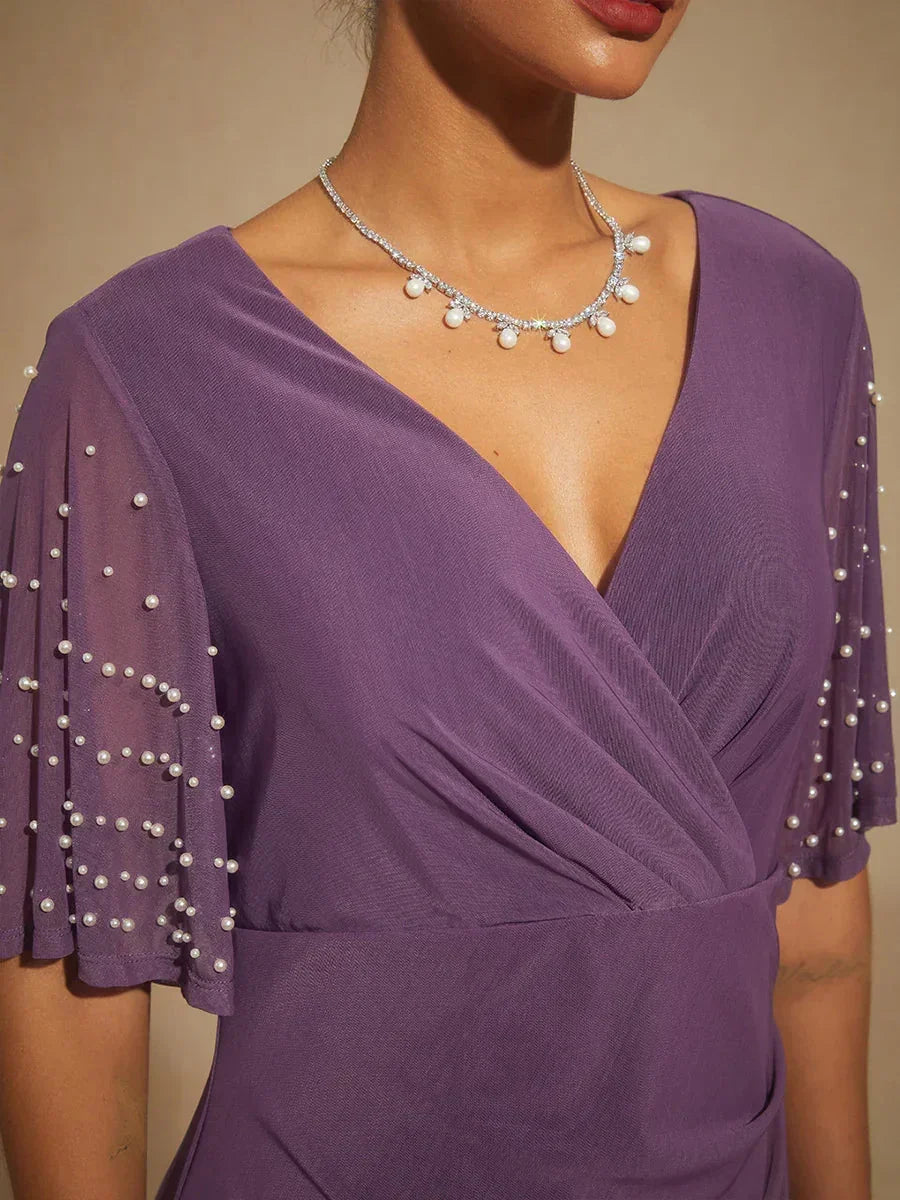 Elegant Formal Dress with Embellished Flutter Sleeves