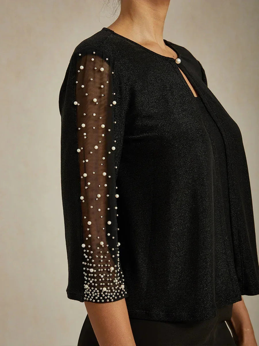 Blouse van Metallic Gebreide Stof met Kraaltjes en 3/4-mouwen
