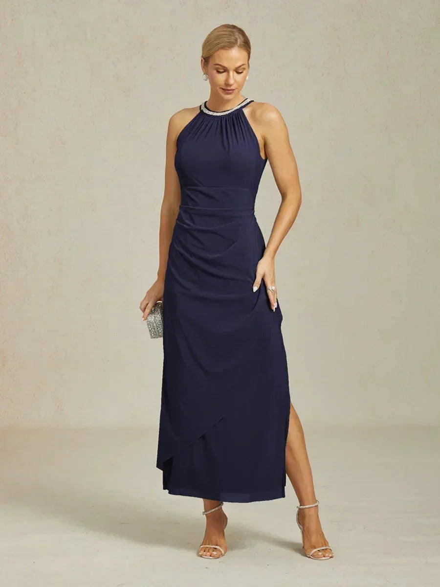 Elegante Maxi-jurk met Halter, Kralen en Ruches