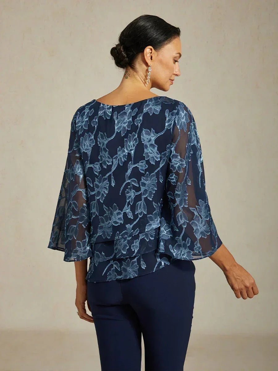 Bloemenchiffonblouse met Boothals en A-lijnmouwen