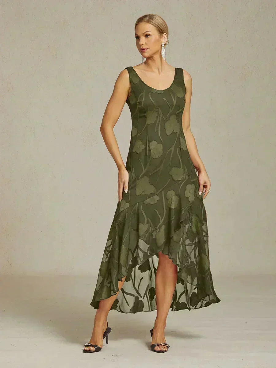 Bloemenchiffon Mouwloze Avondjurk met Asymmetrische Zoom