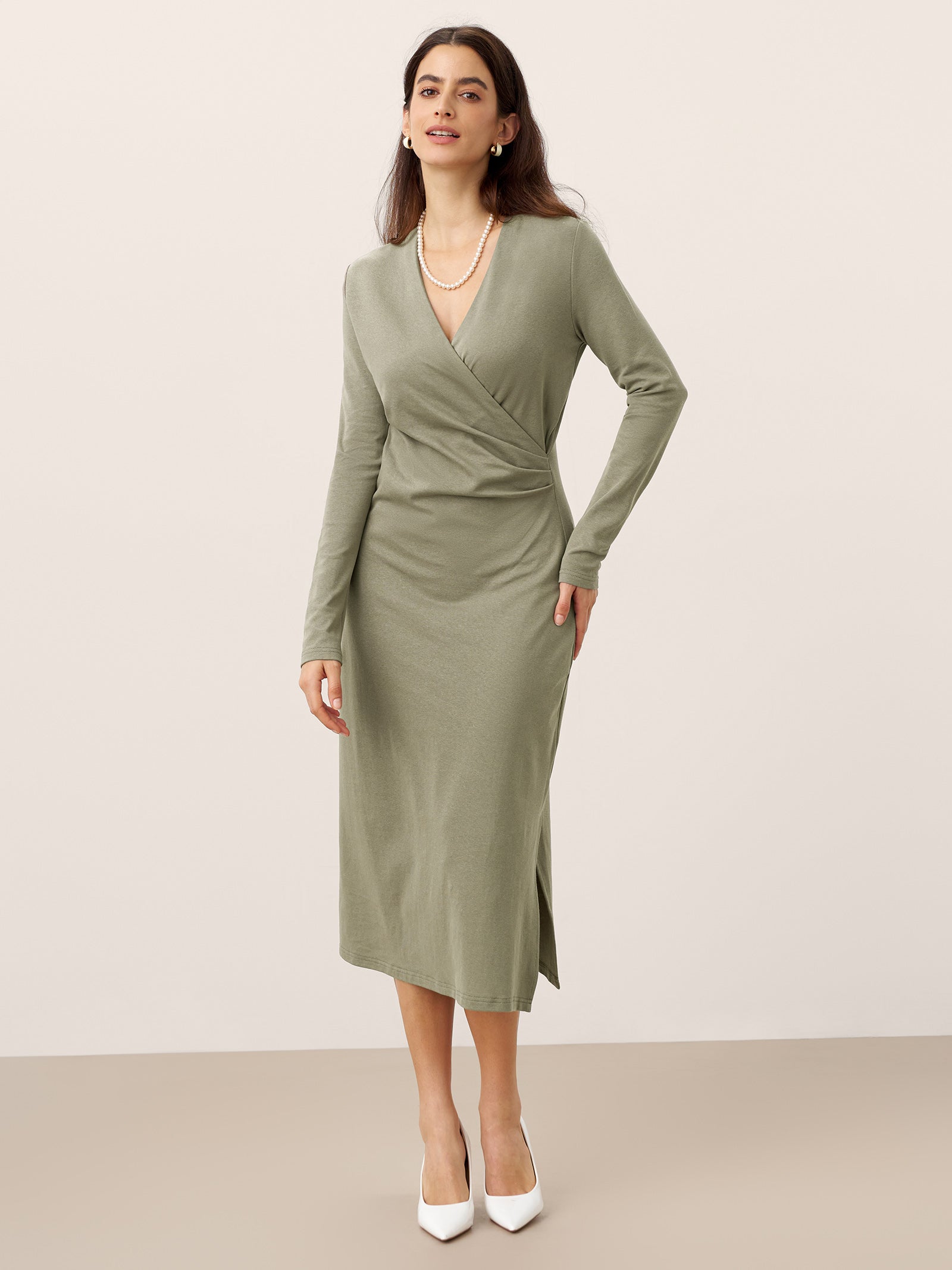 Crossover V-Neck Wrap Stretch Midi Dress MARNIE