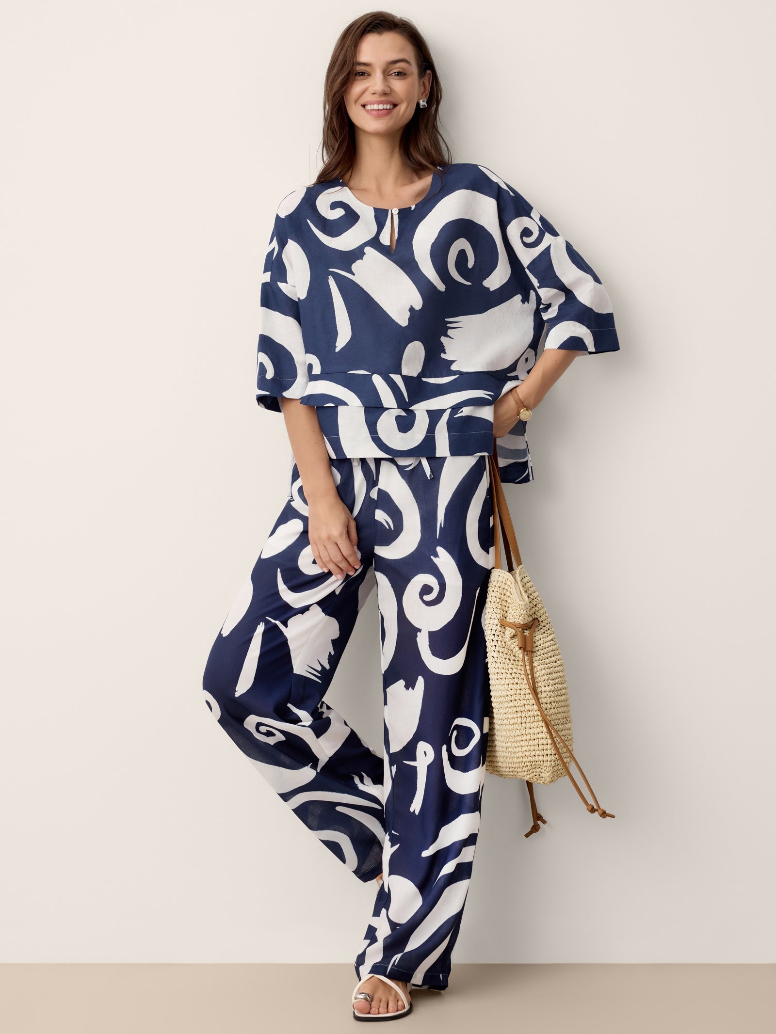 Linen Abstract-Print Straight-Leg Pants ORLA