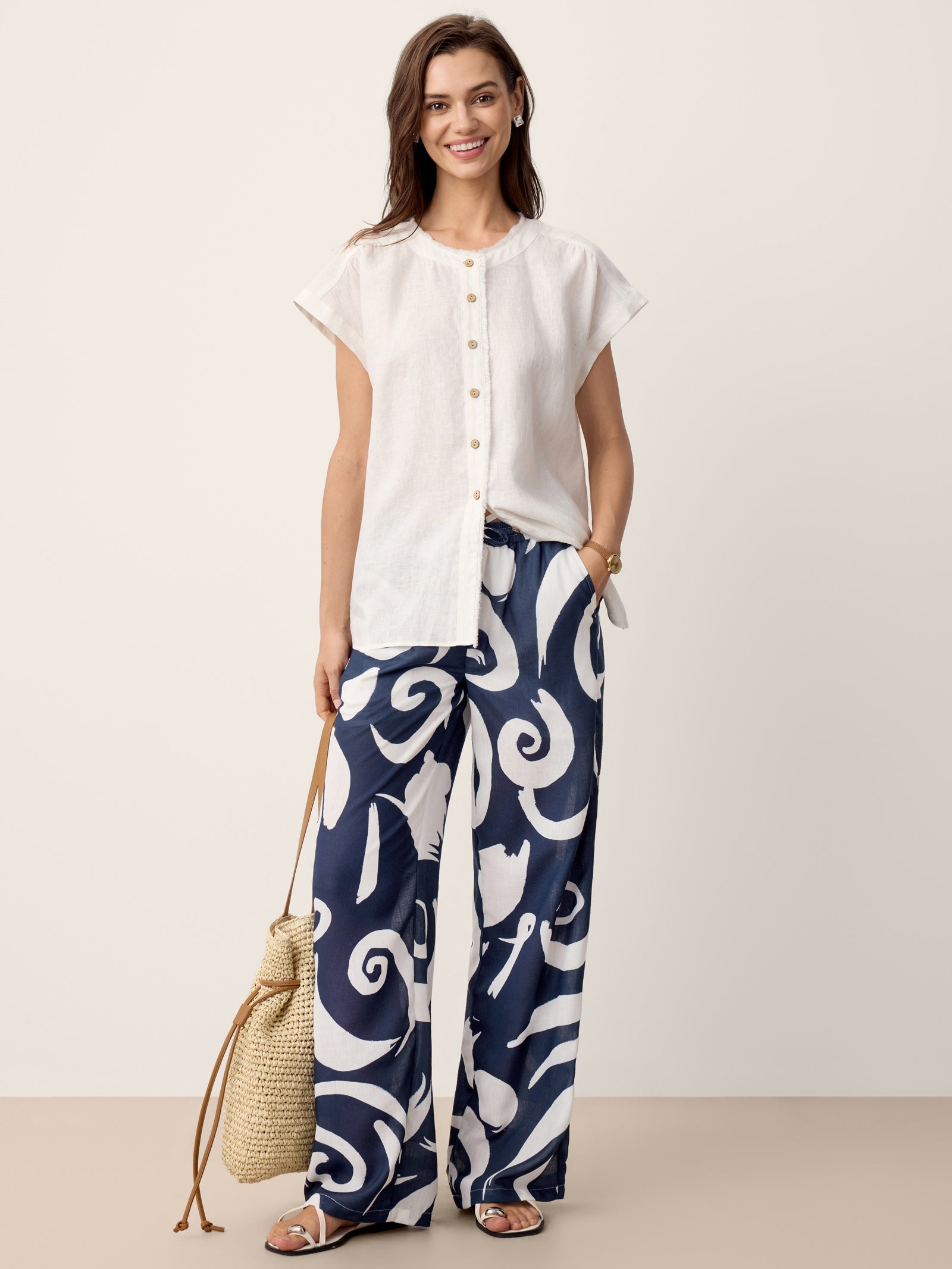 Linen Abstract-Print Straight-Leg Pants ORLA