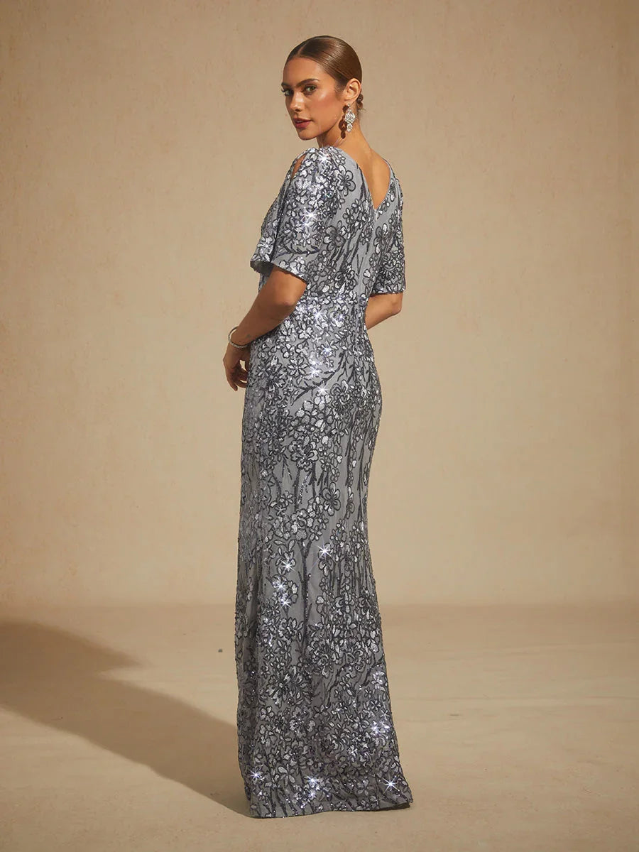 V-hals Avondjurk met Paillettenborduursel en Cold-Shoulder