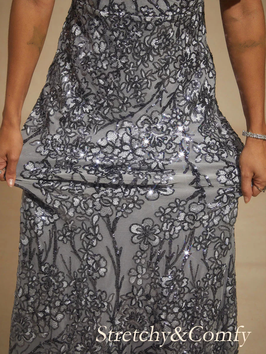 V-hals Avondjurk met Paillettenborduursel en Cold-Shoulder