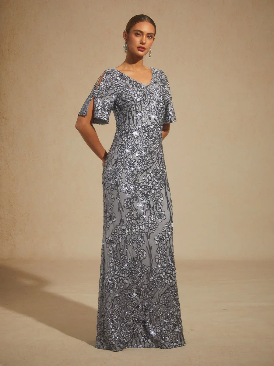 V-hals Avondjurk met Paillettenborduursel en Cold-Shoulder