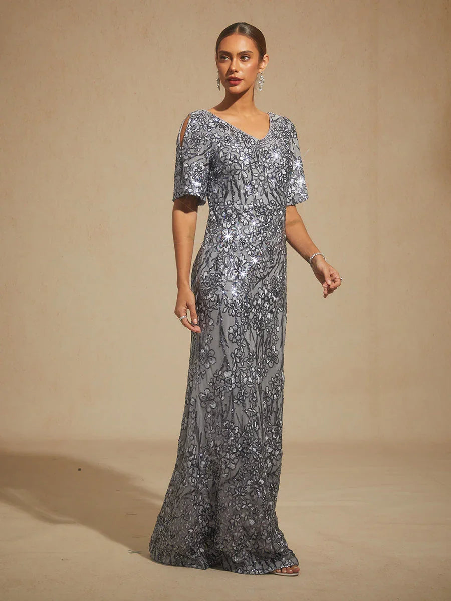 V-hals Avondjurk met Paillettenborduursel en Cold-Shoulder