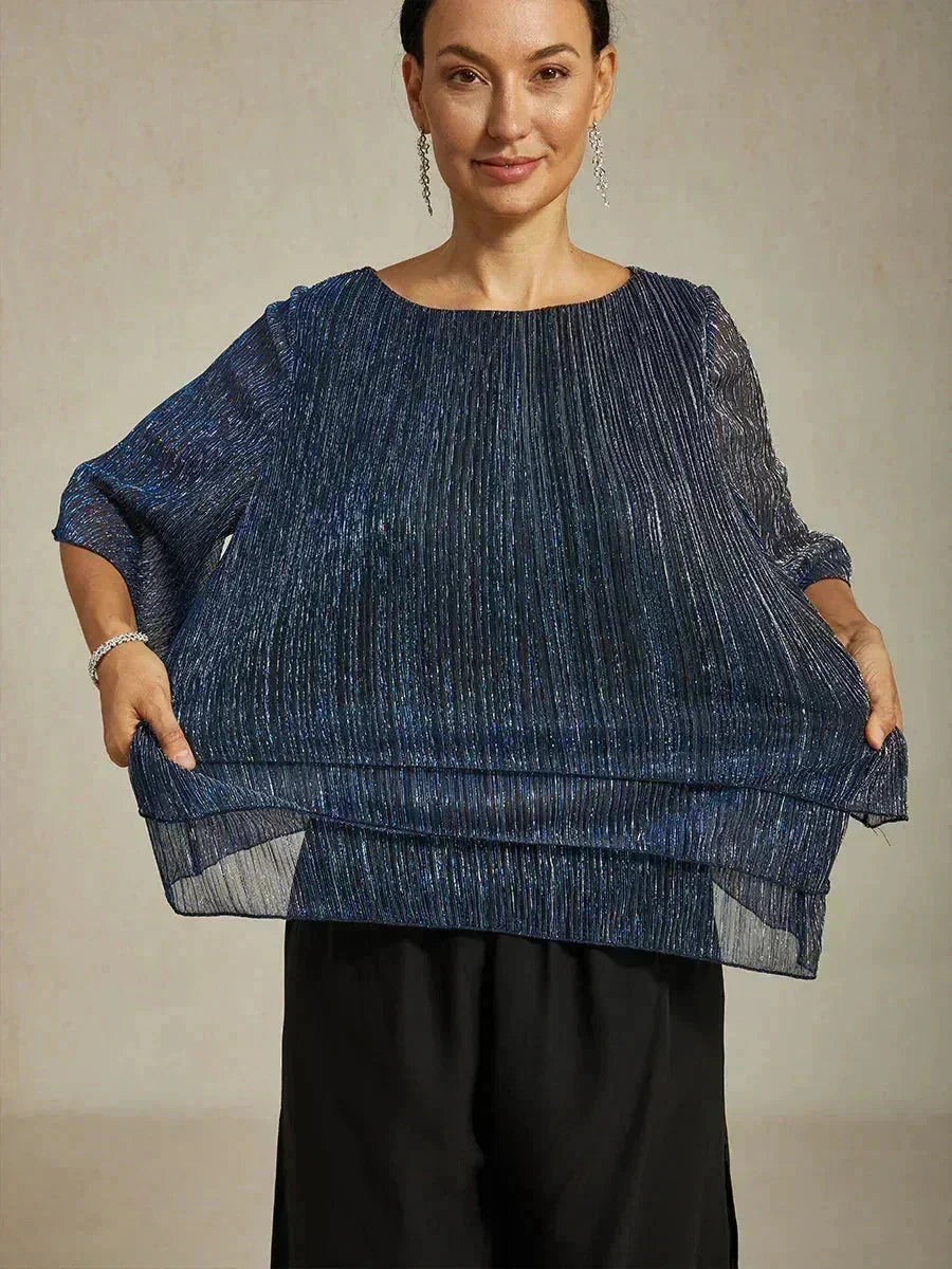 Metallisch Geplooide Chiffon Asymmetrische Gelaagde Blouse