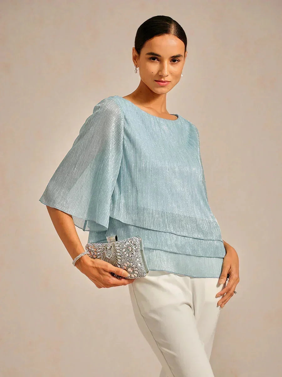 Metallic Geplooide Chiffon Asymmetrische Gelaagde Blouse