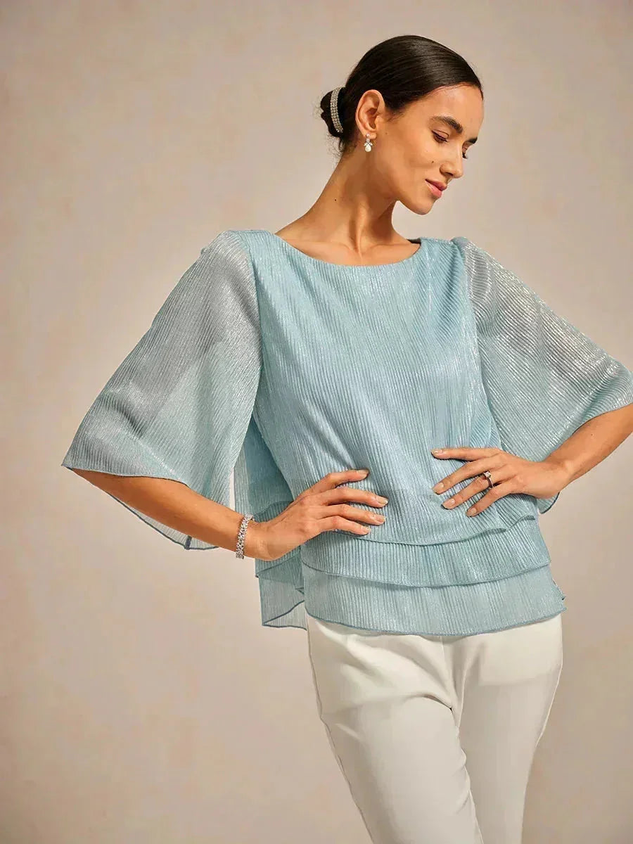 Metallisch Geplooide Chiffon Asymmetrische Gelaagde Blouse