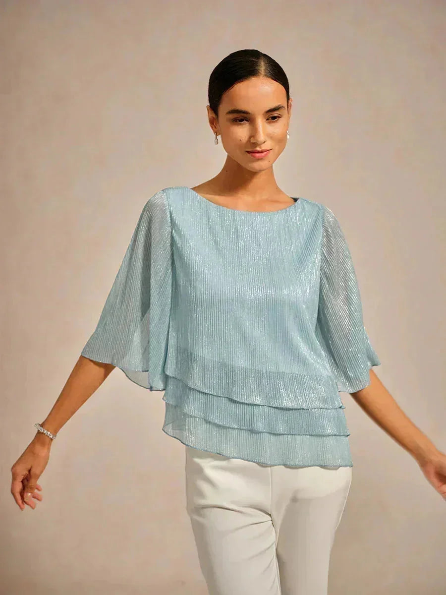 Metallic Geplooide Chiffon Asymmetrische Gelaagde Blouse