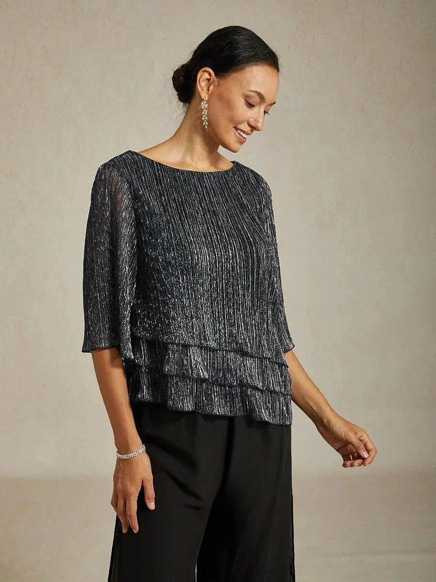 Metallische Geplooide Chiffon Asymmetrische Gelaagde Blouse
