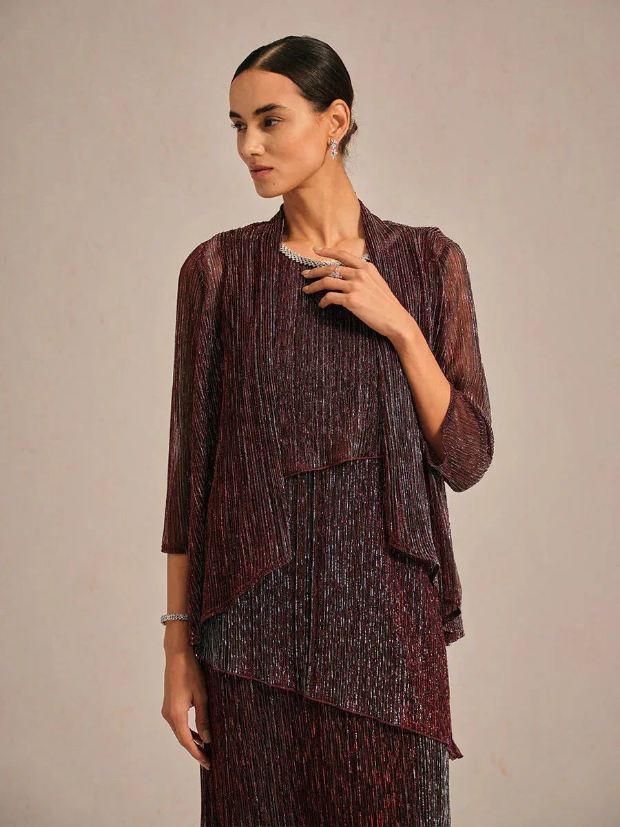 Metallic Plissé Chiffon Lange Jas met Gelaagd Ontwerp