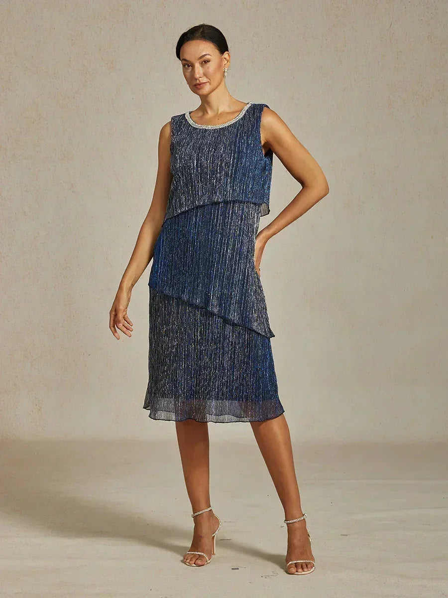 Metallic Geplooide Chiffon Midi-jurk met Kralenversierde Ronde Hals