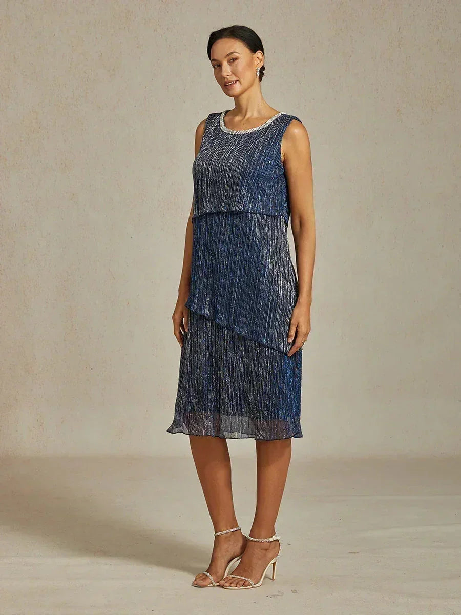 Metallisch Geplooide Chiffon Midi-jurk Met Ronde Hals Afgewerkt Met Kralen